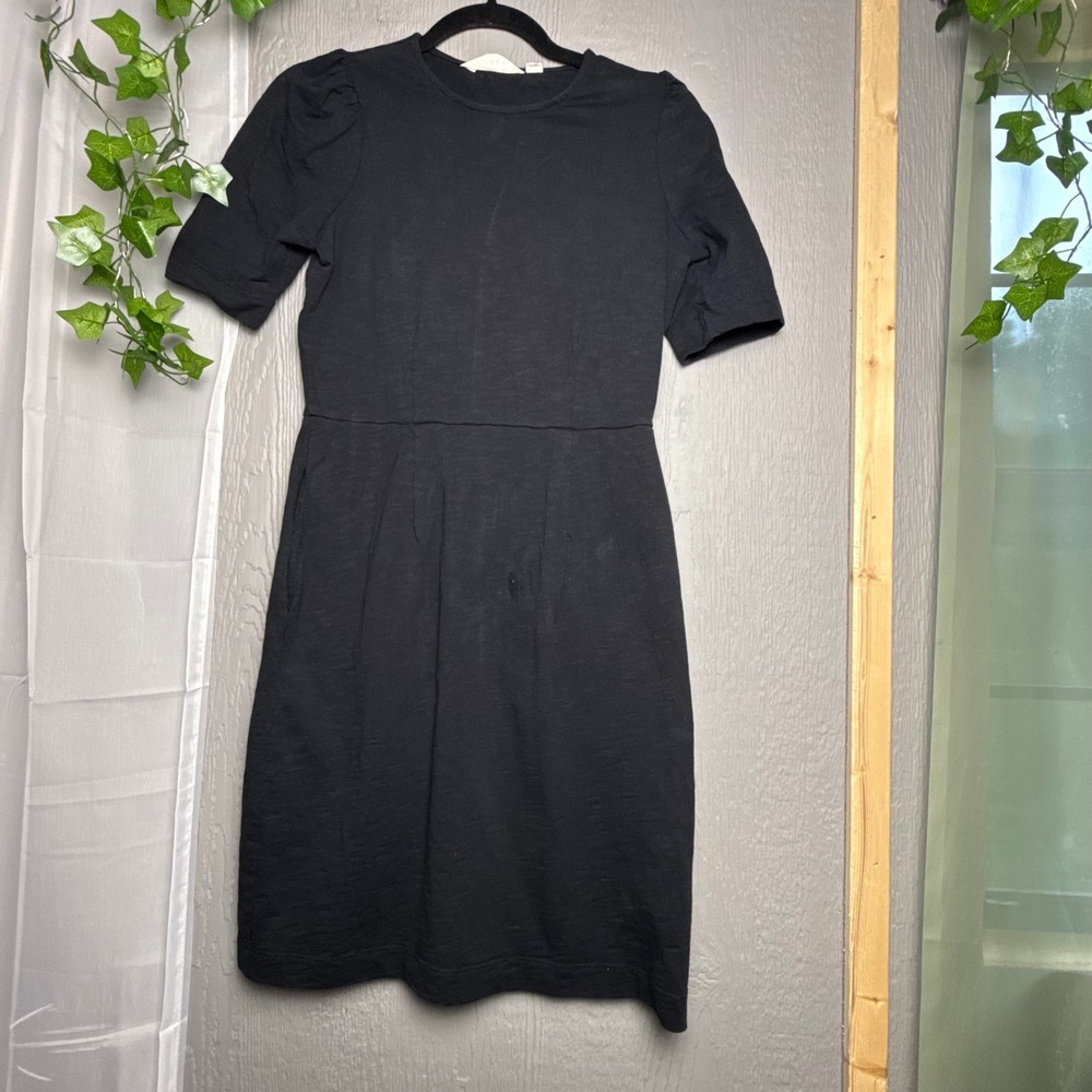 Boden Amanda Black Cotton Slub Puff Sleeve Fit and Flare Mini Dress Pockets 2R - Picture 2 of 9